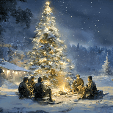 American soldiers are huddled around a fire beneath a christmas tree
