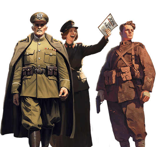 Three World War I military leaders including general in cape, female officer with newspaper, and infantryman with rifle
