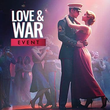 A US soldier in parade uniform dancing with his wife on a ballroom floor, surrounded by other couples.