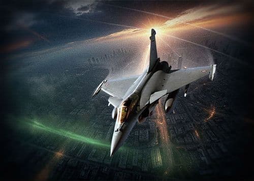 Modern fighter jet soaring at high speed over illuminated cityscape with digital tactical overlay