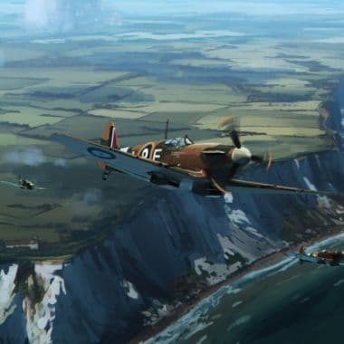 A squadron of Spitfires departing for combat patrol above the cliffs of Dover