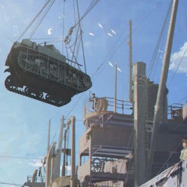 Cargo crane lifts military supply container above industrial harbor facility in Supremacy strategy game.