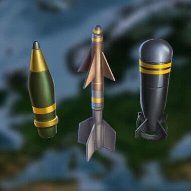 Three types of military ordinance including artillery shell, guided missile, and bomb with yellow marking stripes