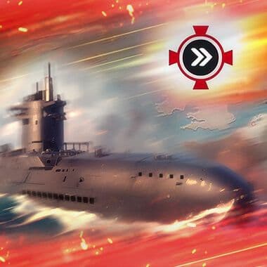 Military submarine with glowing tactical overlay and Supremacy franchise logo against fiery sky backdrop.